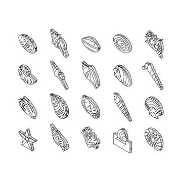 Sea shell beach summer ocean isometric icons set vector Illustrazione stock