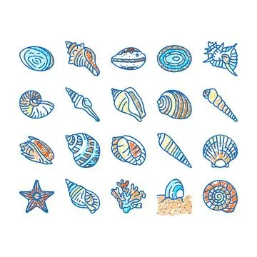 Sea shell beach summer ocean icons hand drawn Stock Illustration