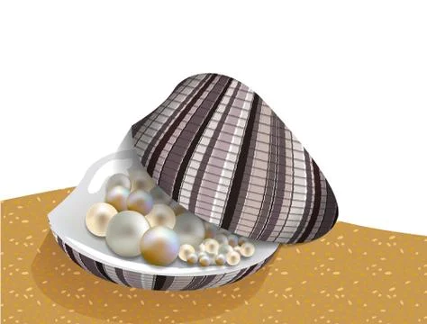 Sea shell with a brown pattern with pearls inside lies on the sand Stock Illustration