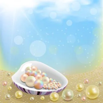Sea shell with a brown pattern with pearls inside lies on the sand on a blue  Stock Illustration