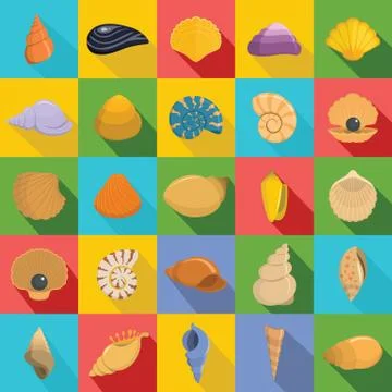 Sea shell icons set, flat style Stock Illustration