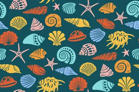 Sea shell nautical seamless pattern ocean underwater aquatic mollusk print Stock Illustration