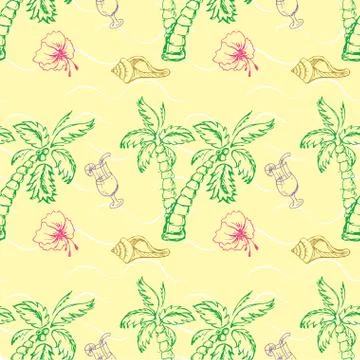 Sea shell, palm tree seamless pattern. イラスト素材