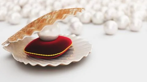 Sea shell with pearl on a soft red velvet pillow with a gold stroke. Beautiful 스톡 일러스트
