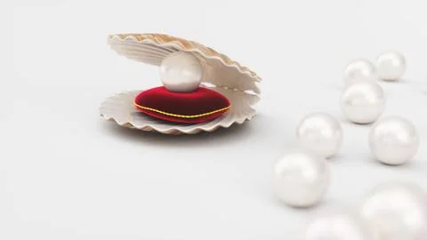 Sea shell with pearl on a soft red velvet pillow with a gold stroke. Beautiful Stock Illustration