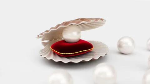 Sea shell with pearl on a soft red velvet pillow with a gold stroke. Beautiful Stock-Illustration