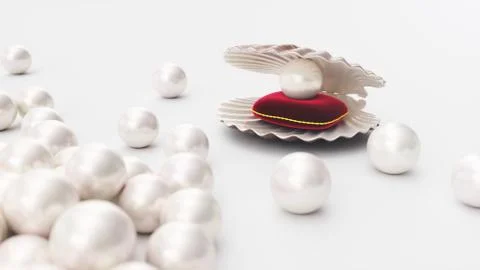 Sea shell with pearl on a soft red velvet pillow with a gold stroke. Beautiful Illustrazione stock