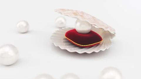 Sea shell with pearl on a soft red velvet pillow with a gold stroke. Beautiful Illustrazione stock