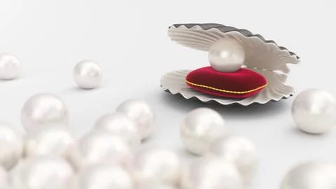 Sea shell with pearl on a soft red velvet pillow with a gold stroke. Beautiful Stock Illustration