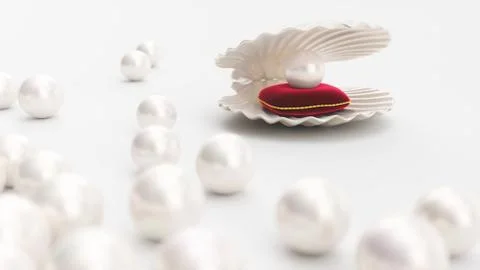 Sea shell with pearl on a soft red velvet pillow with a gold stroke. Beautiful Stock-Illustration