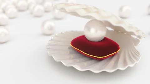Sea shell with pearl on a soft red velvet pillow with a gold stroke. Beautiful Stock Illustration