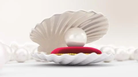 Sea shell with pearl on a soft red velvet pillow with a gold stroke. Beautiful Stock Illustration