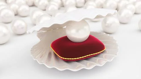 Sea shell with pearl on a soft red velvet pillow with a gold stroke. Beautiful イラスト素材