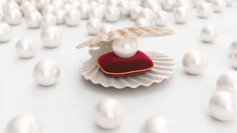 Sea shell with pearl on a soft red velvet pillow with a gold stroke. Beautiful Stock Illustration