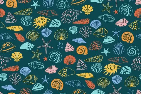 Sea shell sink seamless pattern exotic sea snail marine boundless background Stock Illustration