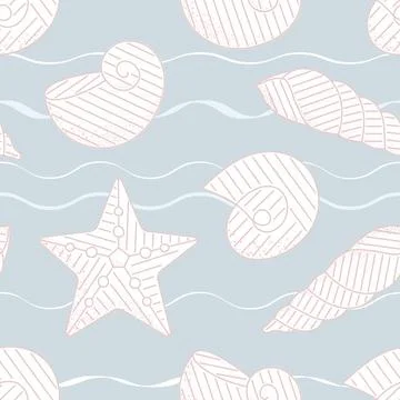Sea shell vector seamless pattern. Textured seashells, stars background. Summer Stock Illustration