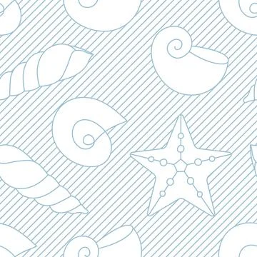 Sea shell vector seamless pattern. Textured seashells, stars background. Line Stock Illustration