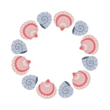 Sea Shell Wreath Round Vector Frame with Scallops 스톡 일러스트