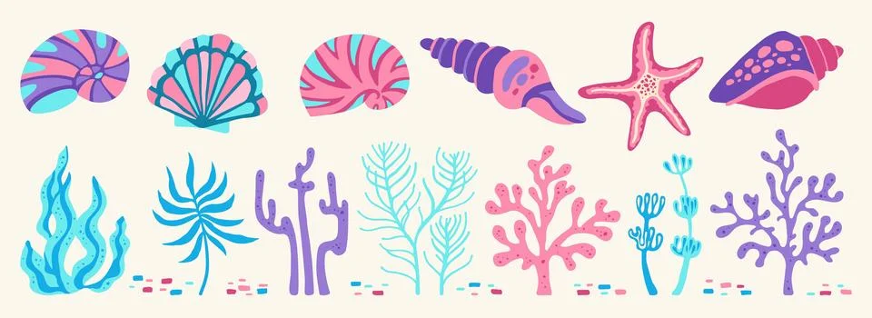Sea shells algae corals hand drawn cartoon set bottom underwater elements Stock Illustration