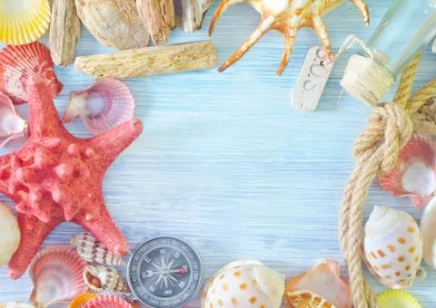 Sea shells and compass Stockfoto's