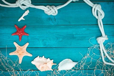 Sea shells and rope on old boards Stock Photos