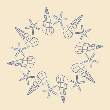 Sea shells and starfish round frame hand drawn line art vector illustration 库存插图
