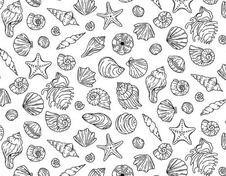 Sea shells black and white seamless vector background. Vector graphics for .. Stock Illustration