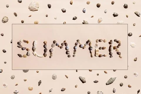 Sea shells collage background. Letters summer from sea shells. Stock Photos