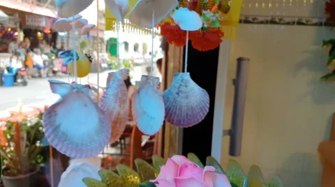 Sea shells hanging on strings and swaying by wind 4k UHD (3840x2160) 스톡 동영상 68655374