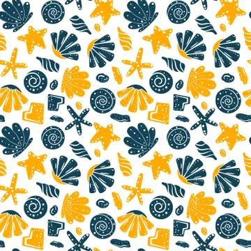 Sea shells, rocks, sand on the coast. Seamless pattern in blue and yellow. For Stock Illustration