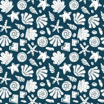 Sea shells, rocks, sand on the coast. Seamless pattern in blue and yellow. For Illustrazione stock