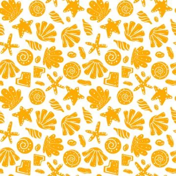 Sea shells, rocks, sand on the coast. Seamless pattern in blue and yellow. For Illustrazione stock