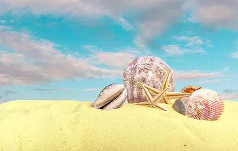 Sea shells with sand as background. Summer beach Stock Photos