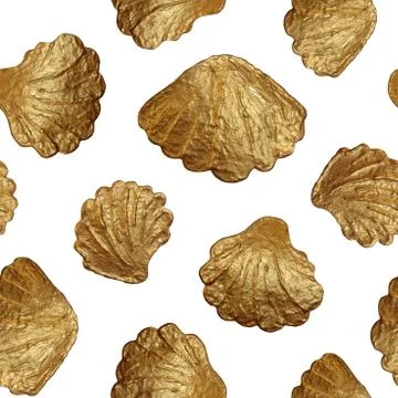 Sea shells seamless pattern. Hand painted gold background Stock Illustration