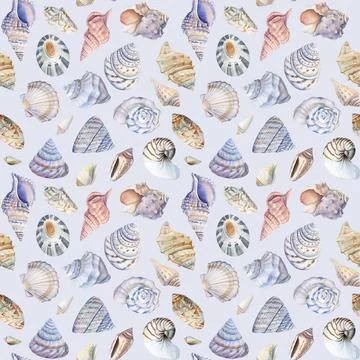 Sea shells. Seamless pattern with seashells. Marine background. Watercolor イラスト素材