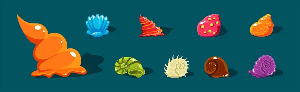 Sea Shells with Spiral Shape of Different Color Vector Set Stock Illustration