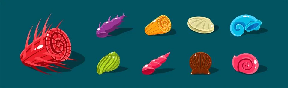 Sea Shells with Spiral Shape of Different Color Vector Set Stock Illustration