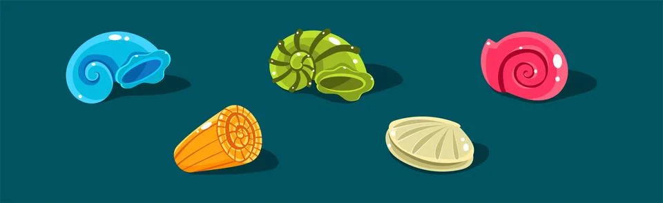 Sea Shells with Spiral Shape of Different Color Vector Set Stock Illustration