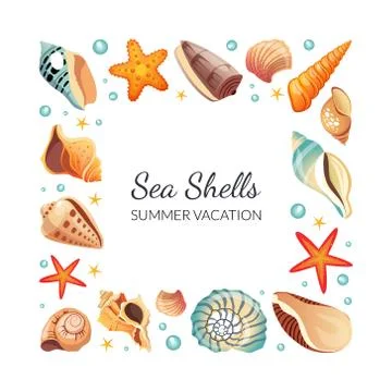 Sea Shells Square Frame, Seashells Border Template with Space for Text Stock Illustration