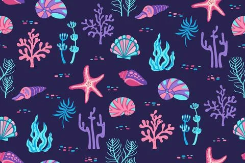Sea shells underwater seamless pattern aquarium marine life algae corals Illustrazione stock