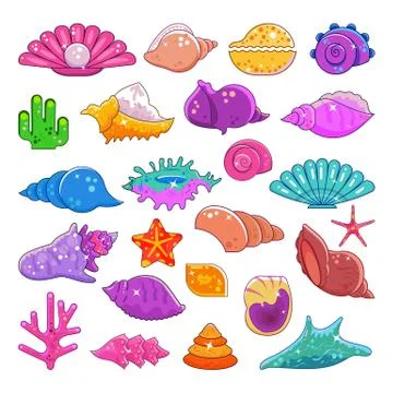 Sea shells vector exotic marine cartoon clam-shell and ocean starfish coralline Stock Illustration