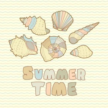 Sea shells vector icon set with text Stock Illustration