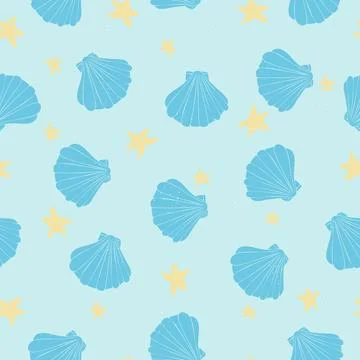 Sea shells vector seamless pattern with starfish on a blue background Stock Illustration