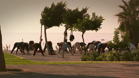 Sea side exercise class Stock Footage 43381581