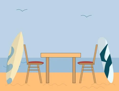 Sea Side Romantic Dinner after Surfing on a Blue Background with Blue sky a.. Stock Illustration