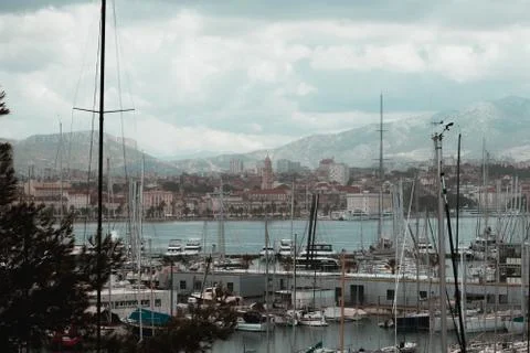 Sea side view of Split, Croatia from nearby Sustipan hill. Marina and boats i Stock Photos