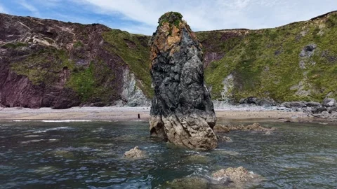 Sea Stack at Ballydwan Beach Waterford Ireland Aerial View Видео 337397838