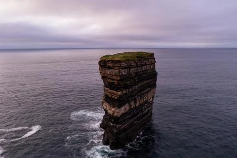 Sea Stack at Downpatrick Head Captured from Above in Evening Light Stock Photos