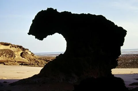 Sea-stack human shape, rocky pillar at Saurashtra, Gujarat, India Stock Photos