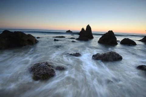 Sea stack at malibu Stock Photos